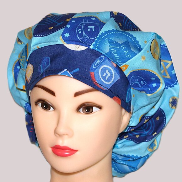 Womens Happy Hanukkah Scrub Caps Bouffant Surgical Bonnet - Handmade - Picture 3 of 6
